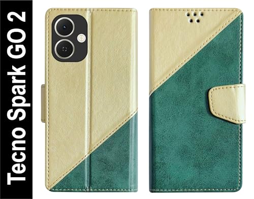 Image of SBMS Flip Cover for Tecno Spark GO 2 Back Cover Case with Magnatic Closure | Inbuilt Stand | Card & Money Pocket (MultiGreen)