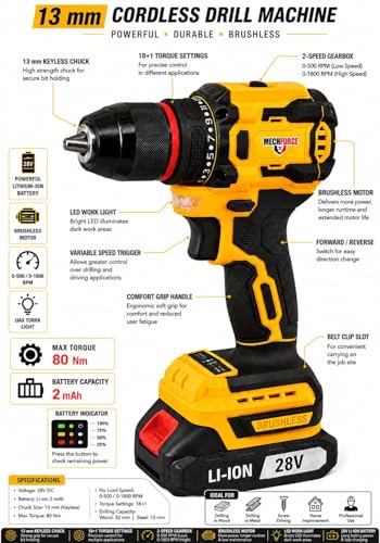 Image of MECHFORCE 13mm Cordless Drill Machine Model-MFR1320 Brushless Motor 28V Li-ion Batteries 18 +1 Torque 80nm torque with Accessories Kit works on wood, steel and concrete 12 month warrranty