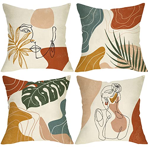 Softxpp Boho Abstract Line Modern Art Decorative Throw Pillow Cover 20X20 Set Of 4, Minimalist Aesthetic Woman Face Body Geometric Bohemian Cushion Case, Nature Botanical Plants Pillowcase Home Decors #TOP26