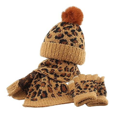 Kids Toddler Winter Beanie Hats Gloves Long Scarf Leopard Print Warm Knit Set Pompom Beanie Neck Warmer Mittens Gifts