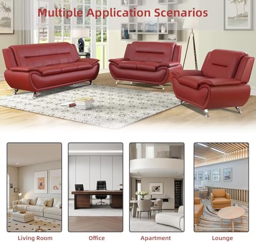 Image of Leather Sectional Couch, Living Room Furniture, 3 - Piece Couch Set, Faux Leather Modern Sectional Sofa Loveseat Chair Set with Sturdy Legs for Living Room /Bedroom /Office,Red