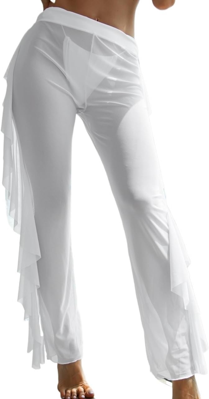 Women Swimsuit Cover Up Summer Beach Ruffle Hem Mesh Cover Up Pants