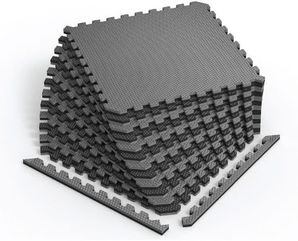 Norsk Reversible Gym Exercise Mats 3/4" Thick EVA Interlocking Foam Tiles, Perfect Home Gym Flooring, 12 Tiles & 24 Trim Pieces, 48 Sq. Ft. Reversible, Gray/Black