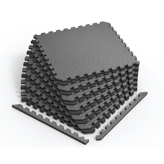 Reversible Gym Exercise Mats 3/4" Thick EVA Interlocking Foam Tiles, Perfect Home Gym Flooring, 12 Tiles & 24 Trim Pieces, 48 Sq. Ft. Reversible, Gray/Black