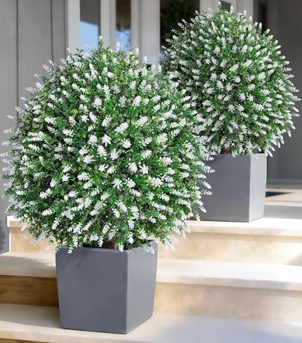 26'' Artificial Boxwood Topiary Trees with Lavender Flowers 2 Pack Fake Plants for Outdoor Indoor