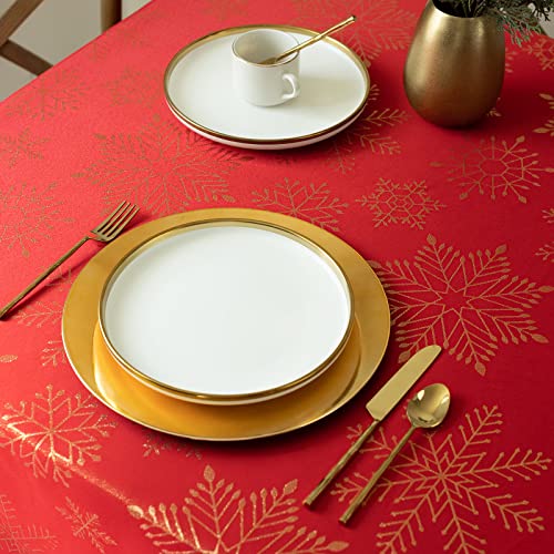 Benson Mills Snowflake Glitz Metallic Rectangle Table Cloth, Holiday And Christmas Tablecloth (60" X 104" Rectangular, Crimson/Gold) #TOP3