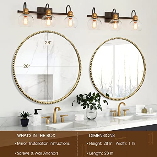 Fobule Round Bathroom Wall Mirror, 28"X28" Antique Gold Metal Beaded Frame Vanity Mirror, Wall Mounted Large Circle Makeup Mirror For Bedroom, Living Room, Entryway #TOP4