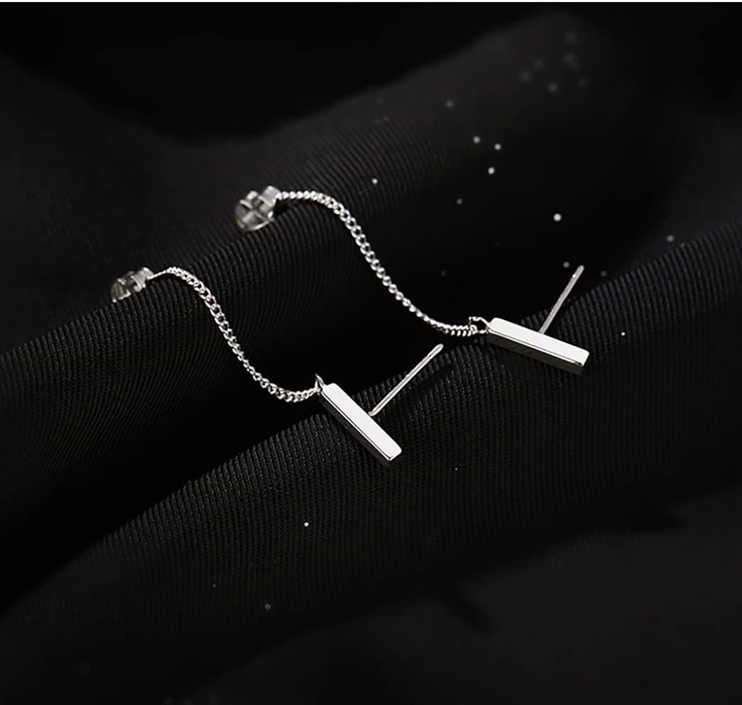 Reffeer Solid 925 Sterling Silver Bar Chain Dangle Earrings Drops for Women Teen Girls Bar Drop Earrings Chain Studs