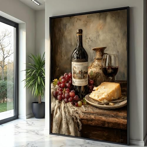Lienzo rústico de bodegón de vino para pared de cocina clásica y salón vintage