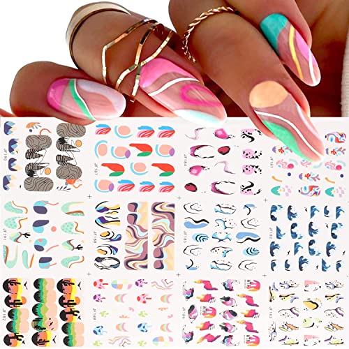 12 Sheets Colorful Stripes Nail Art Stickers 3D Abstract Graffiti Water Transfer Nail Sticker Waves Abstract Design French Nail Decals Nail Art Supplies for Women Girls Acrylic Manicure Decorations