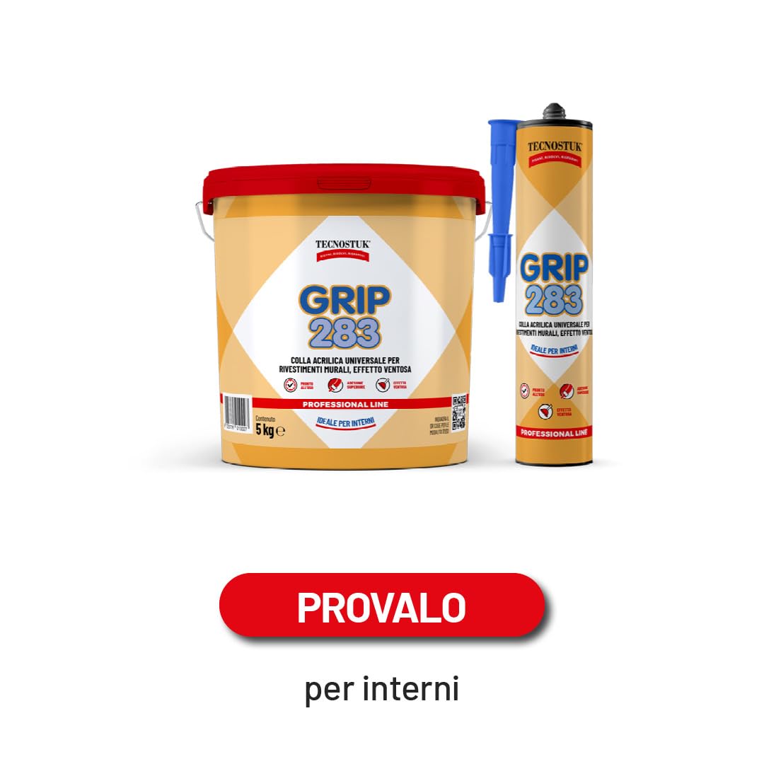 TECNOSTUK - Grip 283 – Colla Acrilica Universale ad Alta Adesione per Rivestimenti Murali, Boiserie, Battiscopa e Mensole fino a 30 kg – ADESIVO PER SUGHERO A SPATOLA - 5 KG