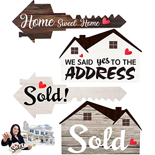 2 PCS Real Estate Sold Signs, Wooden Social Media Photo Props, We Said Yes to the Address House Shaped and Home Sweet Home Key Shaped Signs, Real Estate Agent Closing Gifts for Homeowner