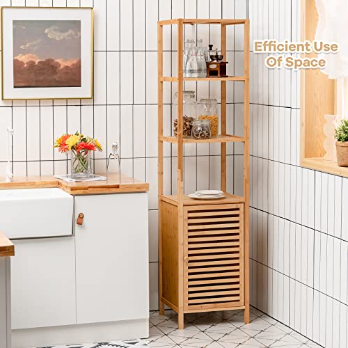 Giantex Bamboo Storage Cabinet, 4-Tier Slim Shelving Unit with Shutter Door & Anti-Toppling Device, Freestanding Tower Corner Rack Floor Cabinet for Bathroom, Living Room, Kitchen, Natural