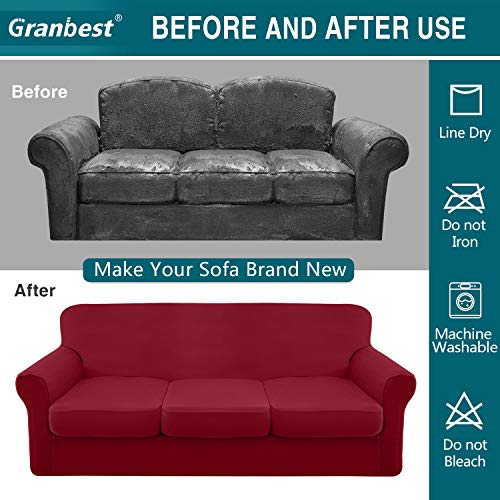 Granbest 4 Piece Microfiber Stretch Couch Cover Super Soft Sofa Cover For 3 Cushion Couch Non Slip Sofa Slip Cover Furniture Protector With Individual Seat Covers Washable(Large, Wine Red) #TOP4