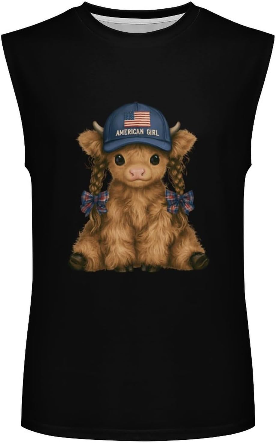 Highland Cow with U.S. Cap Men Summer Sleeveless Crew Neck Top 5XL