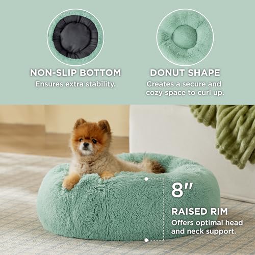 Image of Bedsure Calming Dog Bed for Small Dogs - Donut Washable Small Pet Bed, 23 inches Anti-Slip Round Fluffy Plush Faux Fur Large Cat Bed, Fits up to 25 lbs Pets, Apple Green
