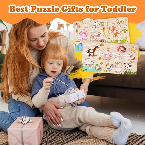WoodTrove Wooden Peg Puzzles for Toddlers 1-3, 2 Pcs Montessori Puzzles, Zoo & Farm Animal Puzzles, Great Preschool Educational Learning Gifts for Girls and Boys