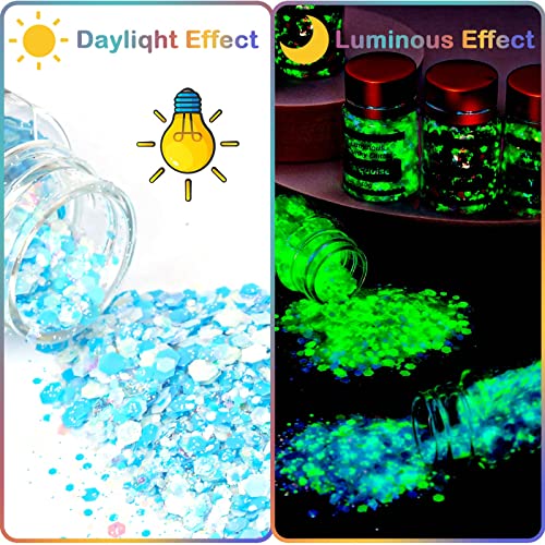 Glow in The Dark Body Eye Glitter, Cridoz 15 Colors High Luminous Face Glitter Cosmetic Eyeshadow Glow Glitter for Hair Eyeshadow, Festival Carnival Party Halloween Makeup