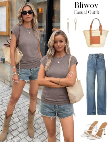 Image of Bliwov Womens Summer Tops Cap Sleeve Crew Neck Casual T Shirts