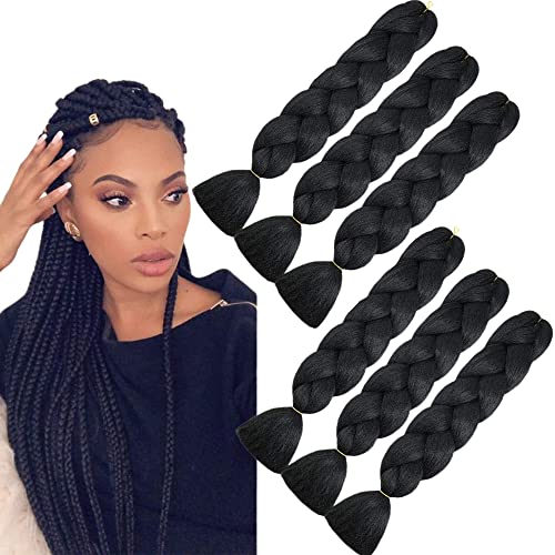 6Pcs Ombre Braiding Hair Kanekalon Jumbo Braids Hair Kunsthaar Synthetische Haarverlängerung Braids Haarteil Hair Extensions 24 Inch(60cm)for Twist Braiding Hair (Schwarz) Cover