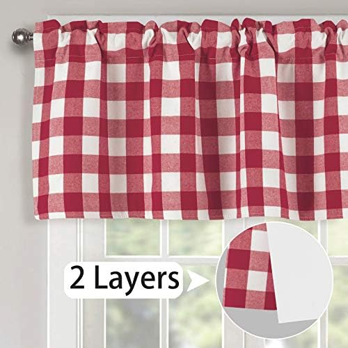 Buffalo Check Valance Lined Plaid Cotton Handmade Gingham Farmhouse Window Treatments Valance Curtains Courtyard Valance 2 Layers Rod Pocket for Windows 52 by 18 Inch Red