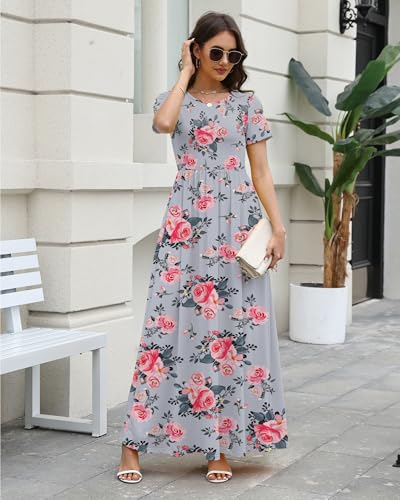 Image of COSSEN Women's Crew Neck Short Sleeve Maxi Dress with Pockets Casual Loose Swing for Wedding Guest Beach Vacation