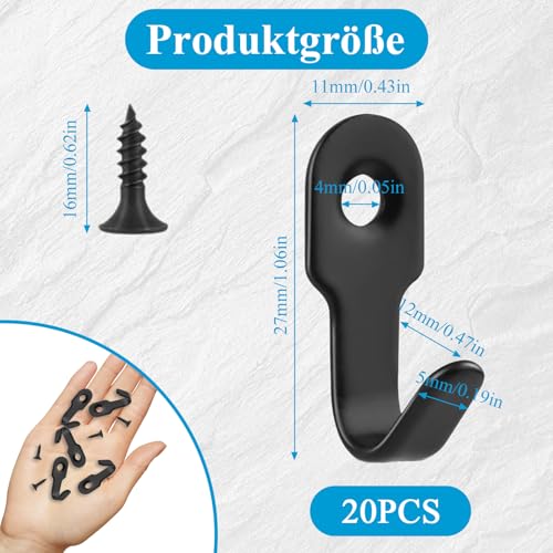 Cumnvulnt 20 Stück Mini Garderobenhaken, Haken zum Schrauben, Deckenhaken Schlüsselhaken Haken Schwarz Mit 20 Schrauben für Schlafzimmer Badezimmer Küche Schal Schlüssel