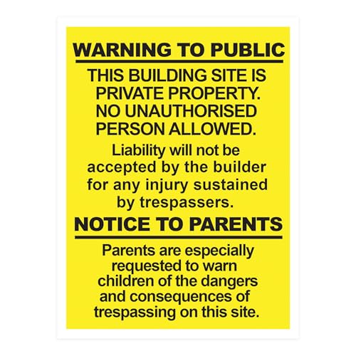 Image of RDLCAR Building Site Warning Signs 1mm Thick PVC Pack of 1 High Visibility 300mm x 400mm Public Safety Signage Weatherproof Portrait Design