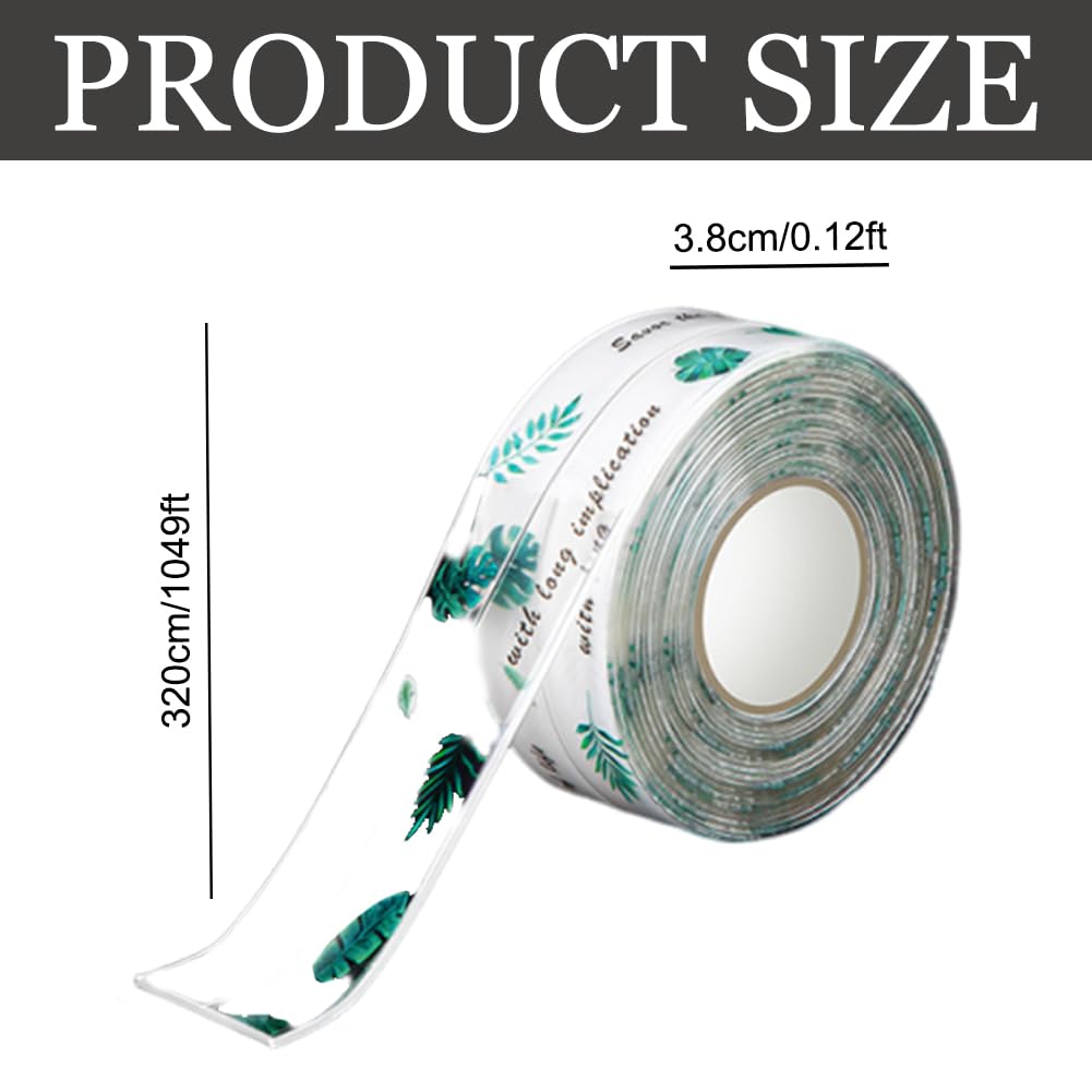 JOONOR 2 Rolls Waterproof Clear Caulk Tape PVC Self Adhesive Sealant Strip Decorative Green Plants Style Caulk Sealant Tape for Kitchen Sink Wall Corner Toilet Bathtub Edge Protector, 1.5" x 10.5 Ft