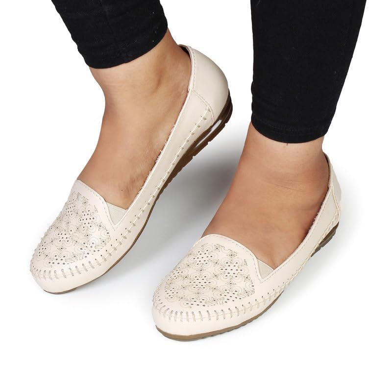 Image of XE Looks Women's Laser Cut Floral Slip-On Loafers | Soft Faux Leather with Elastic Band for Easy Wear Loafers For Girls & Women