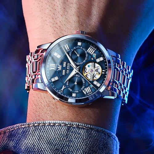 Image of OLEVS Automatic Watches for Men Self Winding Mechanical Skeleton Luxury Dress Stainless Steel Diamond Men Wrist Watches