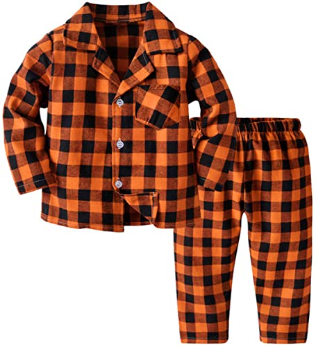 QZH.DUAO Kids Halloween Pajamas, Plaid Little Boy's Girl's 2-Piece Button Down Sleepwear Pjs Set, Orange Black, 4-5T = Tag 130