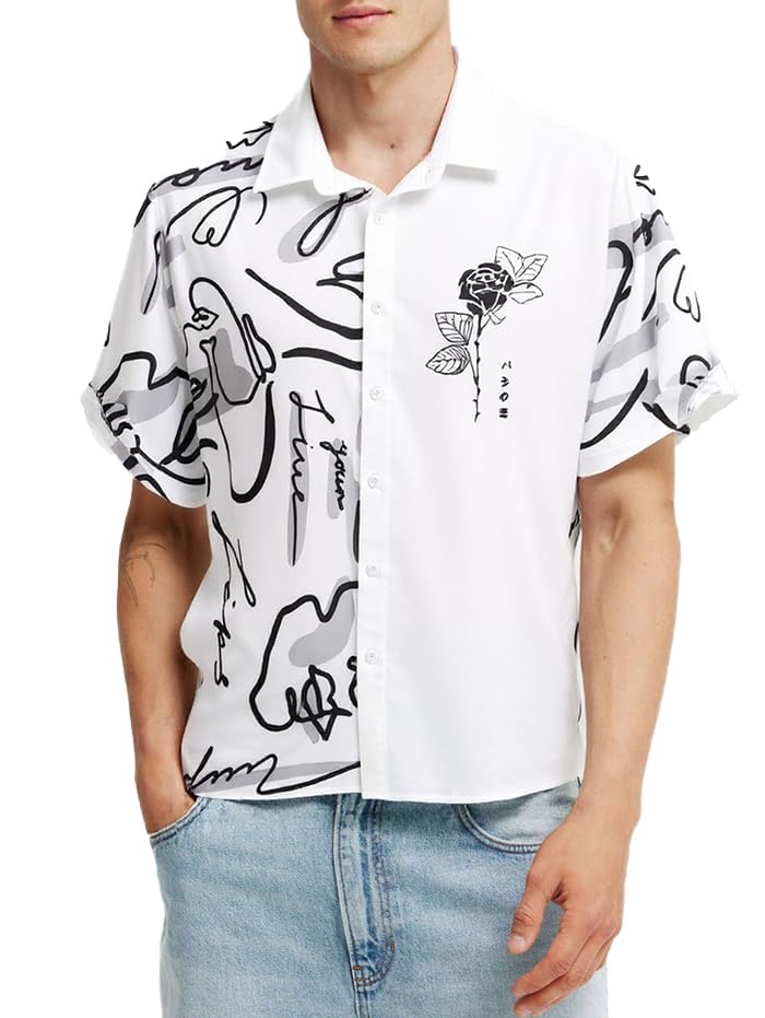 ZAFUL Men's Casual Graffiti Floral Rose Printed Two Tone Colorblock Button Front Short Sleeve Summer Graphic Shirt