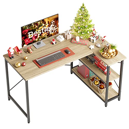 Bestier Escritorio pequeño en forma de L de 47 pulgadas con estante de almacenamiento, mesa de estudio reversible para oficina en casa para dormitorio, espacio pequeño, roble claro Cover