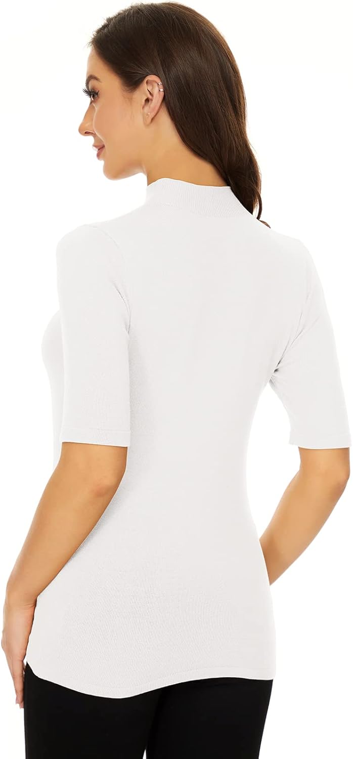 Anbenser Women’s Short Sleeve Mock Pullover Sweater Knit Jersey Top Slim Fit - Image 4