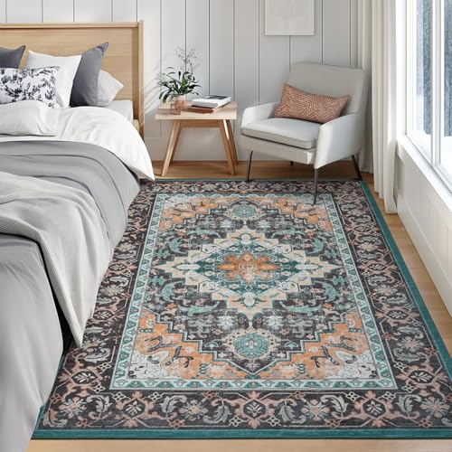 Lofus 6x9 Area Rugs for Living Room, Washable Area Rug, Rugs for Bedroom, Kitchen, Vintage Boho Carpet, Soft Non-Slip, Low Pile Large Area Rug for Office Dining Room, Floral Green