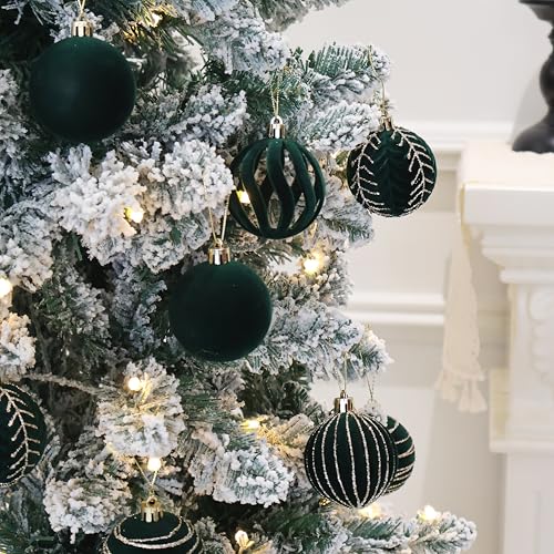 Image of 4inch Velvet Ornaments for Christmas Tree, 9PCS Glitter Flocked Christmas Ornaments Decorations Balls Set Decor Green