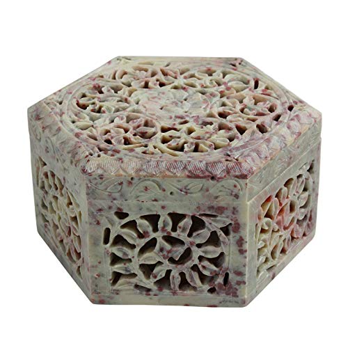 Kishore Arts Hand Carved Hexagon Shaped Box Soapstone Carving Lattice Design Decorative Table Top Accessory (4.5X4.5X3) inche