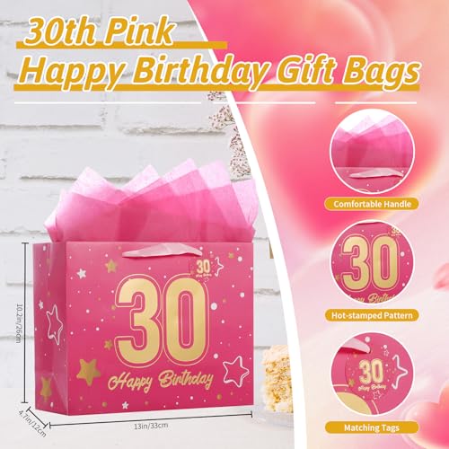 Image of Powbrace 13 inch Pink 30th Birthday Gift Bag with Tissue Paper and Greeting Card for Party,Happy Birthday Gift Bag for Men Women,Gift Bags Medium size(1 Pink 30th)