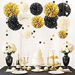 NICROLANDEE Black Gold Party Decorations, 15 PCS Tissue Paper Pom Poms Kit for 2026 New Year Party, Wedding, Birthday, Engagement, Graduation Party Decor, Paper Garland Flower Ball Ceiling Wall Decor - Image 4