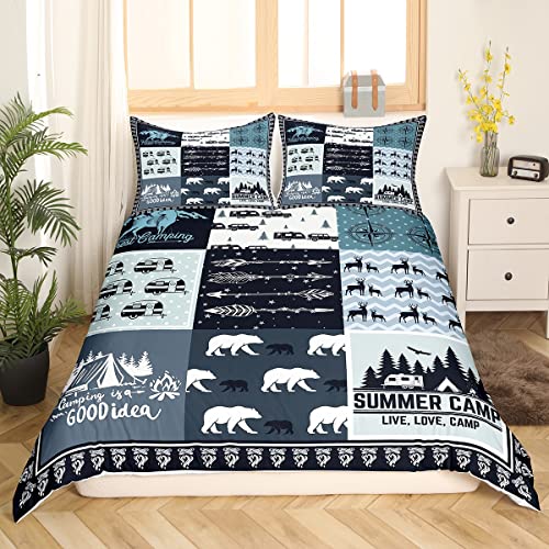 Camping Camper Duvet Cover Set Full,Classic Lattice Bedding Set 3Pcs For Kids Teens Adults Room Decor,Bear Deer Wild Animal Comforter Cover Rustic Farmhouse Blue Quilt Cover With 2 Pillowcases #TOP1