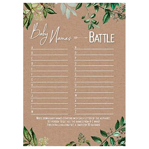 BG Name Battle Baby Shower Game and Gender Reveal Game. Set of 50 Kraft Cards. Gender Neutral Boys and Girls great for Coed Parties. Goes with Rustic Greenery Floral Woodland Jungle Safari Themes