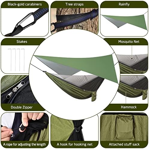 OTraki Camping Hammock with Mosquito Net and Tarp 114 x 54 inch 440 LBS Load Capacity Nylon Lightweight Double Portable Hammock with Straps for Travel Outdoor Hiking Backpacking Picnic (ArmyGreen)