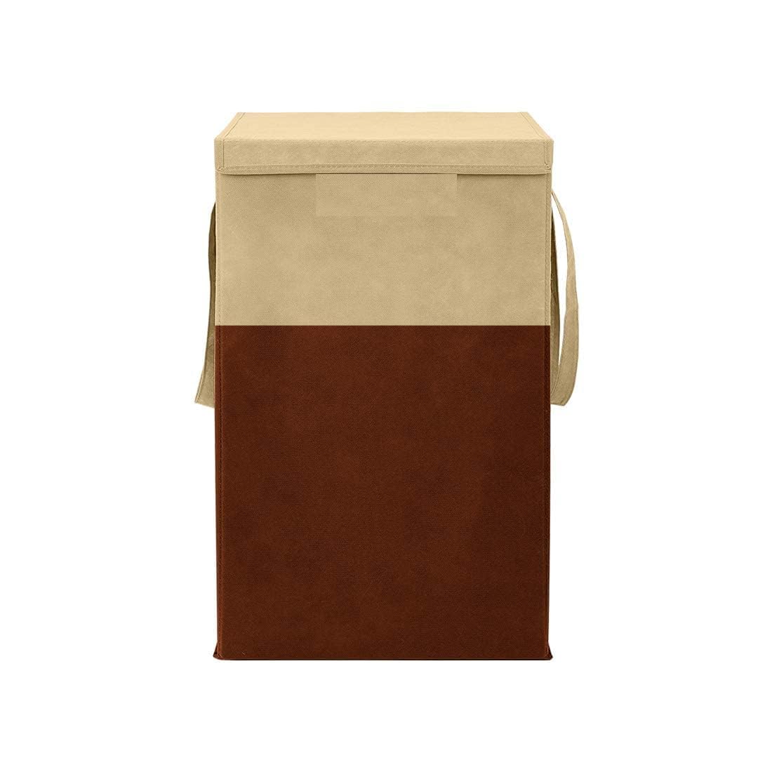 Brandlift Non Woven Printed Rectangular Foldable Laundry Bag | Lid And Handle Clothes Storage Organiser For Bedroom Dorm Closet Utility Container | 75L Laundry Basket | Beige Brown