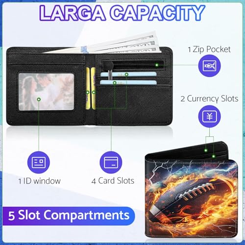 Image of Boys Wallet for Teens, Cool Kids Football Wallet for Boys Ages 8-10 9-12 11-15, Funny Leather Bifold Rfid Blocking, Coin Pocket Id Window for Teen Men Youth Guys Birthday Christmas Gifts
