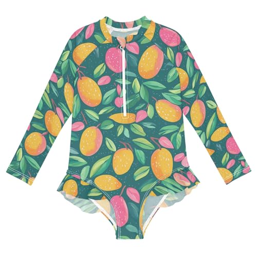 ALAZA Swimsuit for Girls Long Sleeve Rashguard Bathing Suit Mango Green Quick Dry 4T