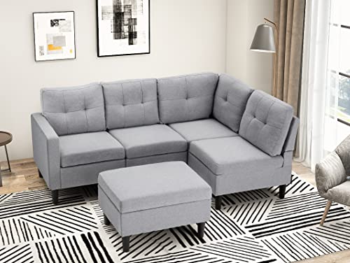 JOMEED Convertible Sectional Sofa Couch, Polyester Fabric L-Shaped Couch with Storage Ottoman Suitable for Living Room, Bedroom (Grey)