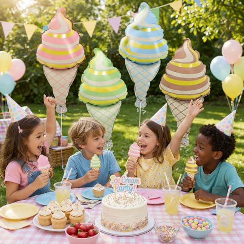 Image of Rozi Decoration Ice Cream Shape Foil Balloons Set of 4 for Birthday Parties Decoration, Colorful Cone Theme Balloons for Kids Celebration, Summer Party and Dessert Theme Decor (Multicolor)