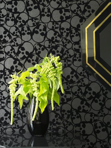 Barbara Hulanicki Designer Black Skulls Print Flocked Luxury Wallpaper