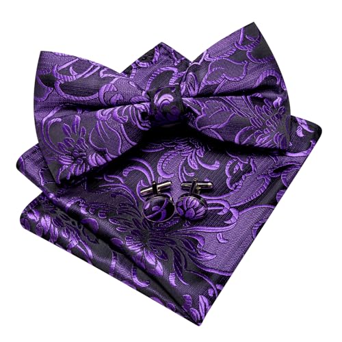 Image of YOHOWA Paisley Striped Men Bow Tie Pre-Tied Formal Adjustable Colorful Bowties Handkerchief Cufflinks Set Wedding Party